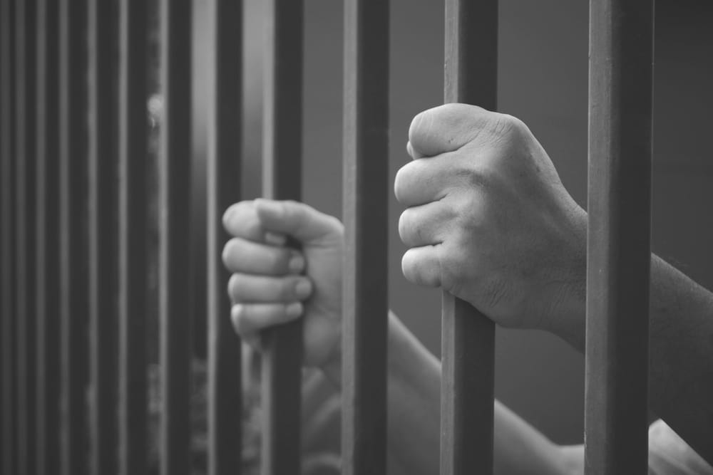 Image is of hands gripping jail bars, concept of an auto theft lawyer defending against serious vehicle theft allegations.