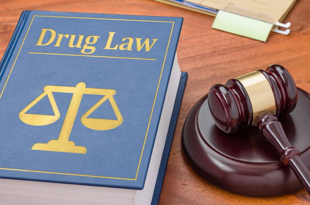 Image is of a book labeled drug law placed beside a gavel on a desk, concept of drug crimes lawyer