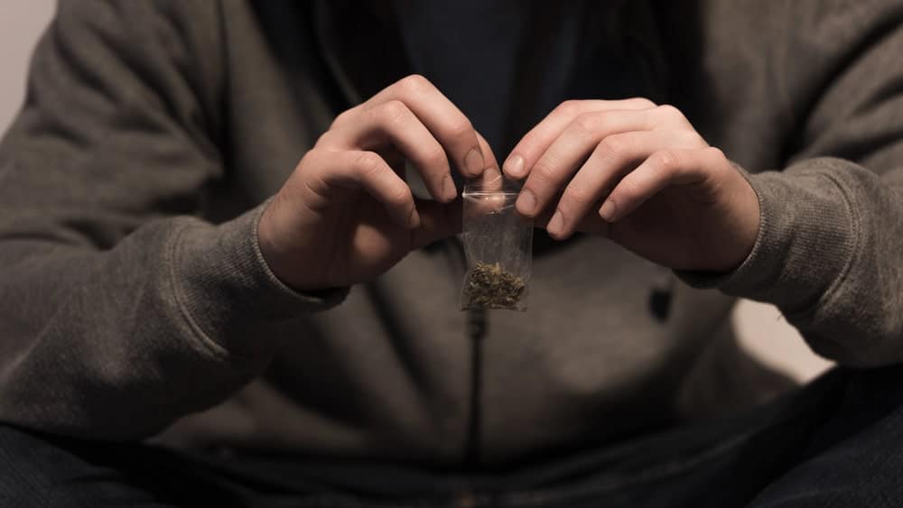 Image is of a person holding a small bag of marijuana, concept of drug possession lawyer reviewing evidence in a case