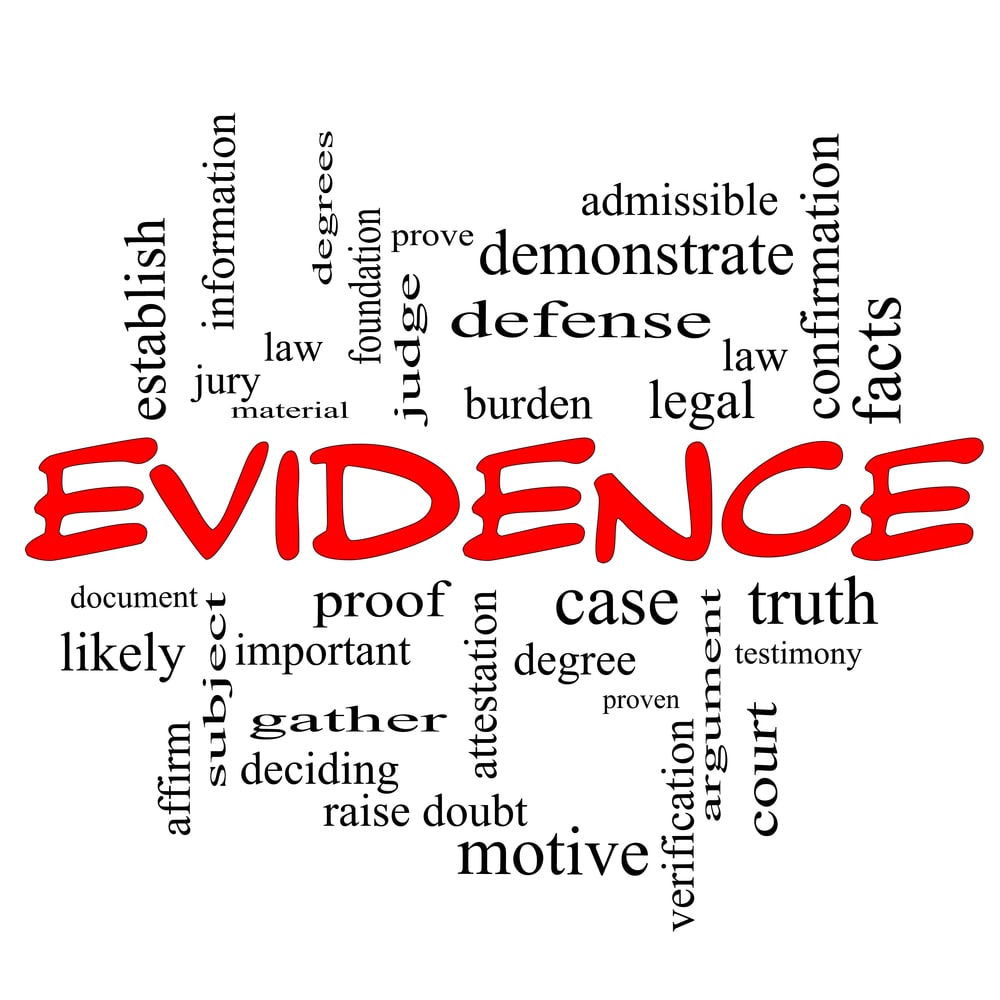 Image is of the word evidence surrounded by legal terms in a graphic layout, concept of kidnapping lawyer