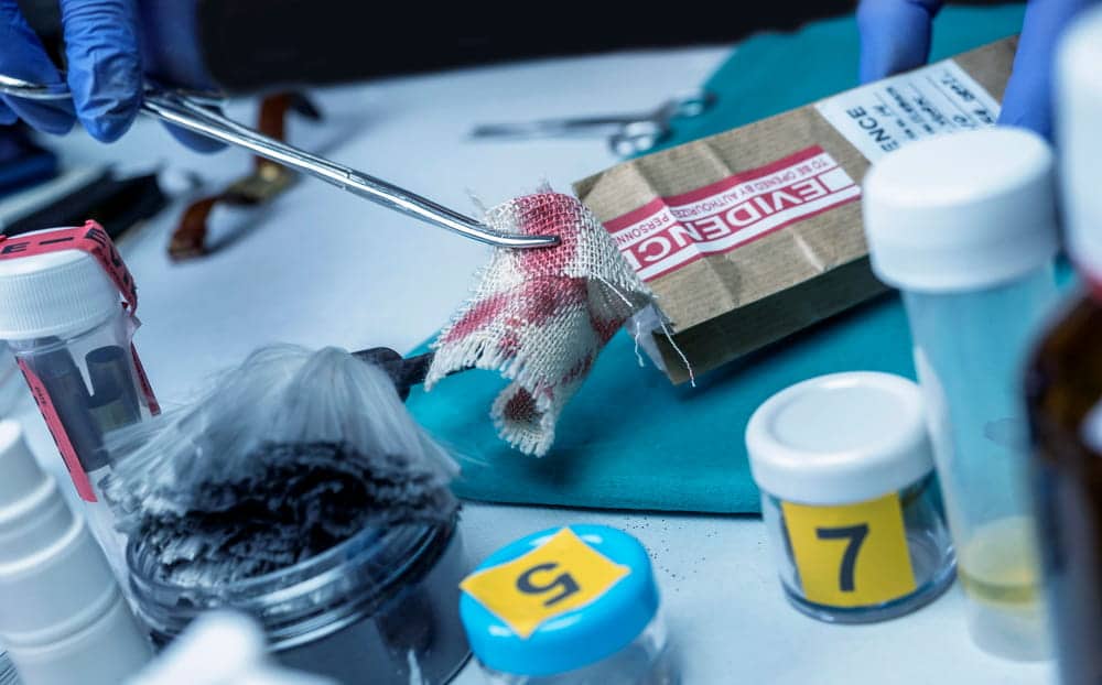 Image is of forensic tools and evidence being collected at a scene, concept of rape defense lawyer reviewing case evidence