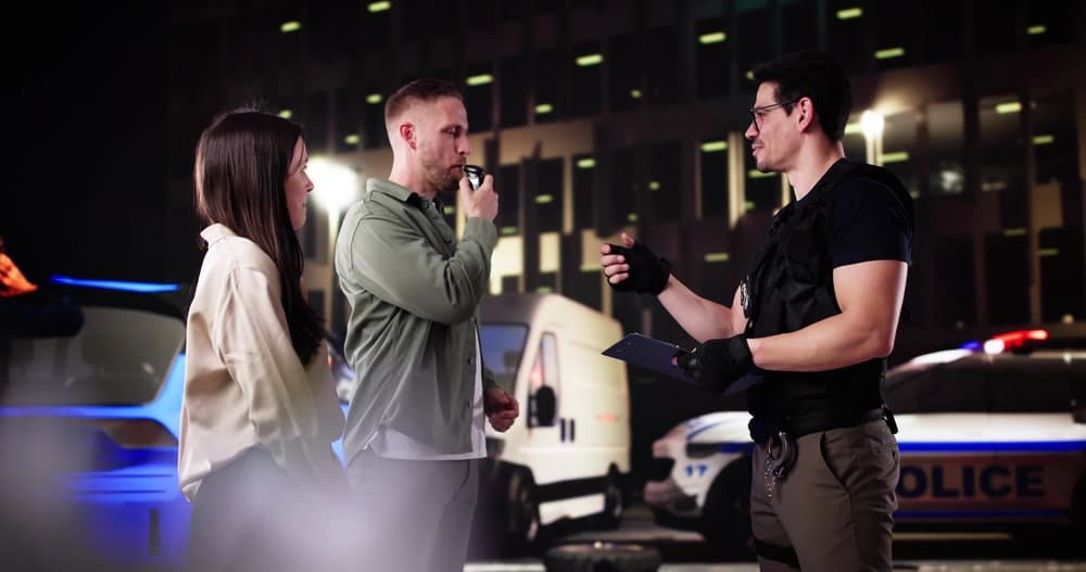 Image is of an officer administering a breath test during a nighttime traffic stop, concept of DUI checkpoints and impairment investigations in Knoxville.