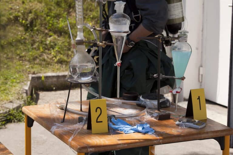 Image is of investigators documenting laboratory equipment during a drug manufacturing investigation, concept of Tennessee drug manufacturing charges.